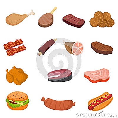 Set of meat icons. Illustration of cooked meat food. Vector Illustration