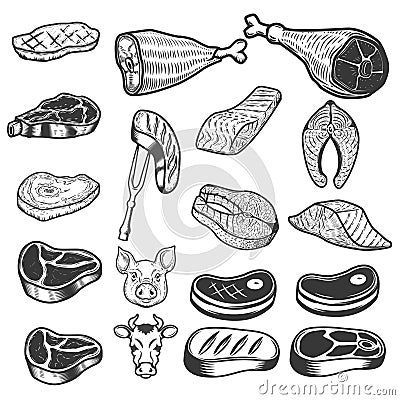 Set of meat icons. Pig and cow heads. Design elements for logo, Vector Illustration