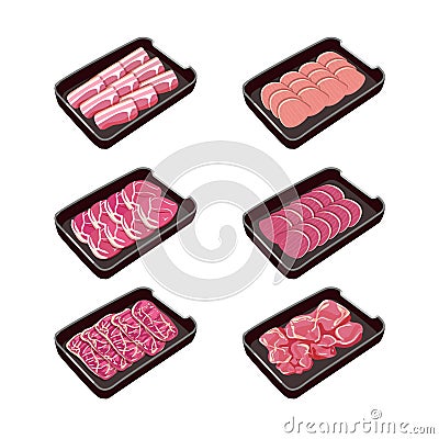 set of meat Menu isolated illustration. pork meat, beef, chicken, shabu, sukiyaki, moo kra ta. Vector Illustration