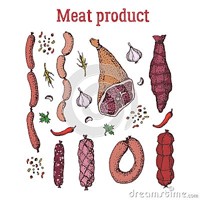 Set of meat product with spices. Isolated on white. Hand drawn. Stock Photo