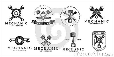 set of mechanic logo vintage illustration template icon design. bundle collection of various piston helmet wrench engineering Vector Illustration