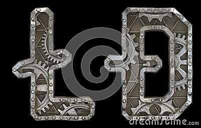 Set of mechanical alphabet made from rivet metal with gears on black background. Symbol litecoin and dashcoin. 3D Stock Photo