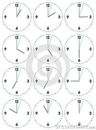 A set of mechanical clocks with an image of each of the twelve hours. Vector Illustration