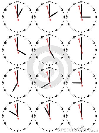 A set of mechanical clocks with an image of each of the twelve hours. Vector Illustration