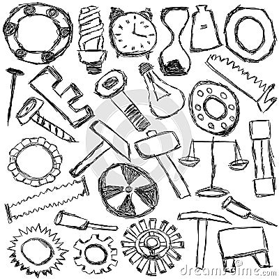 Set of mechanical spare parts and tools - kids drawing Stock Photo