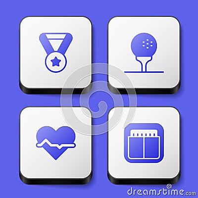 Set Medal, Golf ball on tee, Heart rate and Sport mechanical scoreboard icon. White square button. Vector Vector Illustration