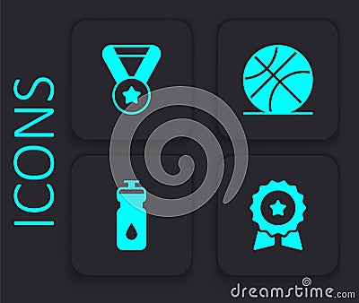 Set Medal with star, Basketball ball and Fitness shaker icon. Black square button. Vector Vector Illustration