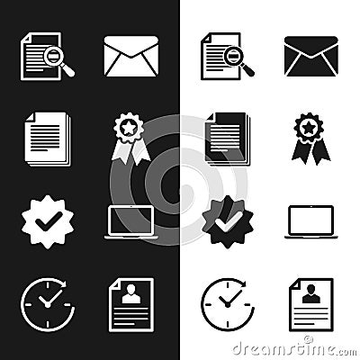 Set Medal with star, Document, search, Envelope, Approved and check mark and Laptop icon. Vector Vector Illustration