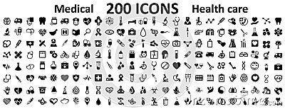 Set 200 Medecine and Health flat icons. Collection health care medical sign icons - for stock Vector Illustration