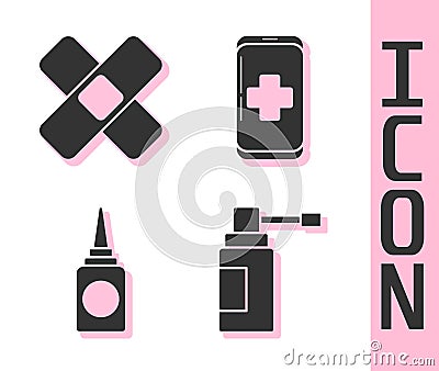 Set Medical bottle with nozzle spray, Crossed bandage plaster, Bottle nasal spray and Emergency mobile phone call to Vector Illustration