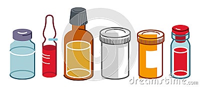 Set of medical bottles and vials vector flat style illustration isolated over white, meds drugstore concept, apothecary Vector Illustration