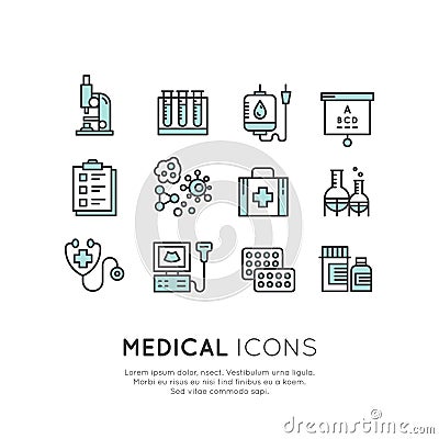 Set of Medical diagnostic icons and objects Stock Photo