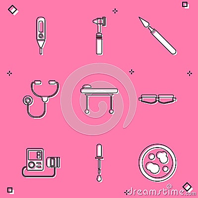 Set Medical digital thermometer, otoscope tool, surgery scalpel, Stethoscope, Stretcher, Safety goggle glasses, Blood Vector Illustration