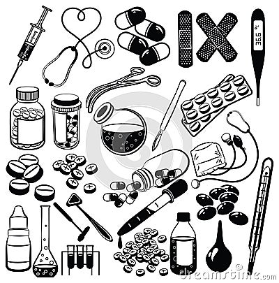 Set of medical drugs and tools. Collection of elements of medical care. Black and white pharmacy vector illustration Vector Illustration