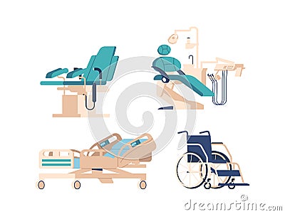 Set of Medical Equipment and Apparatuses, Dentist Couch and Gynecological Chair, Wheelchair Clinic and Hospital Devices Vector Illustration