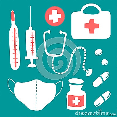 Set of medical icons instruments and medicines - first aid kit, syringe, stethoscope, thermometer, medical mask, medicine bottle, Cartoon Illustration