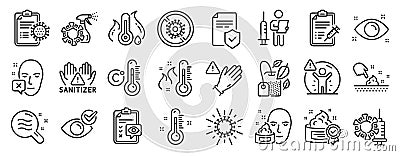 Set of Medical icons, such as Insurance policy, High thermometer, Coronavirus. Vector Vector Illustration