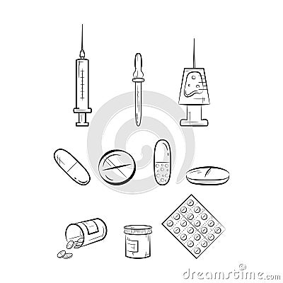 Set of medical icons, thin line style. Pill icons. Vector Illustration