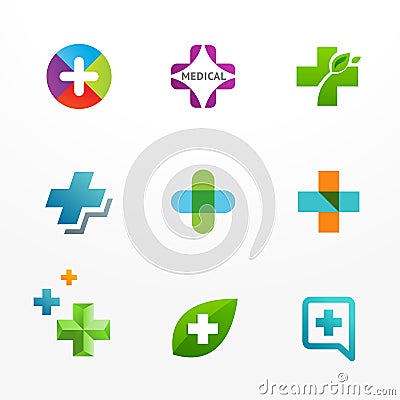 Set of medical logo icons with cross and plus Vector Illustration