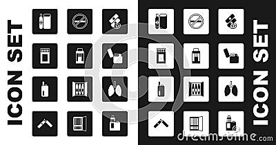 Set Medical nicotine patches, Vape mod device, Matchbox and matches, Electronic cigarette, Lighter, No smoking, Lungs Vector Illustration