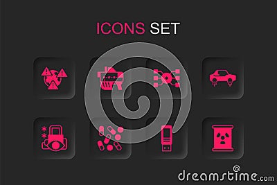 Set Medical pill biohacking, Futuristic weapon, Earth with exclamation mark, USB flash drive, Fantastic flying car Vector Illustration