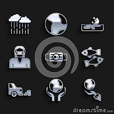 Set Medical protective mask, Hands holding Earth globe, Dead fish, Car exhaust, Face, Wrecked oil tanker ship and Cloud Stock Photo