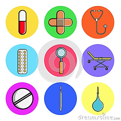 Set of medical round icons, medical equipment items capsule, pill, patch, stethoscope, plate, magnifier, gurney, thermometer, Vector Illustration