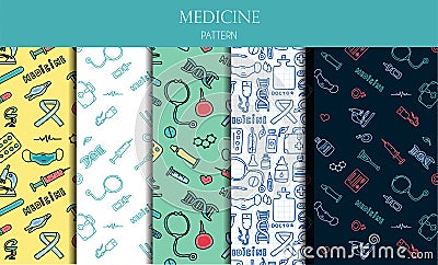 A set of medical seamless patterns. Medical doodle poster with medicines, test tubes and a thermometer. Big pharmacy set Vector Illustration