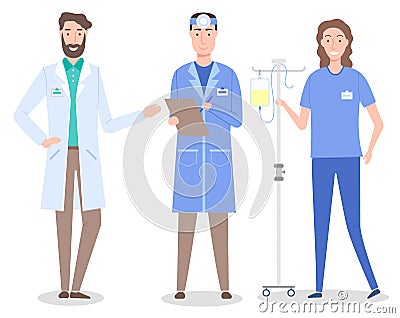 Set of medical staff otolaryngologist, doctor, nurse with drop counter, healthcare medicine concept Vector Illustration