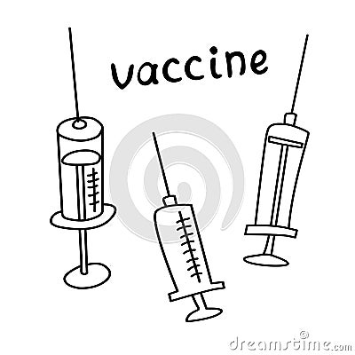 Set of Medical syringe. Hand drawn outline doodle. Medical supplies, medications to treat and protect against the virus. Covid-19 Vector Illustration