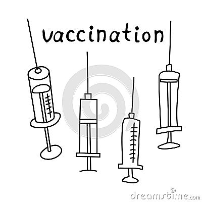 Set of Medical syringe. Hand drawn outline doodle. Medical supplies, medications to treat and protect against the virus. Covid-19 Vector Illustration