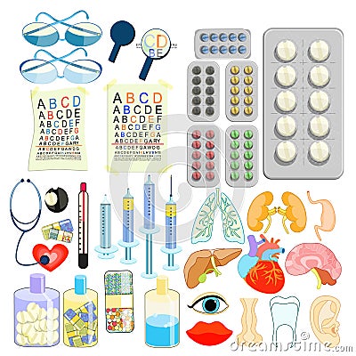 Set of medical tablets, human organs, optics. vector illustration Vector Illustration