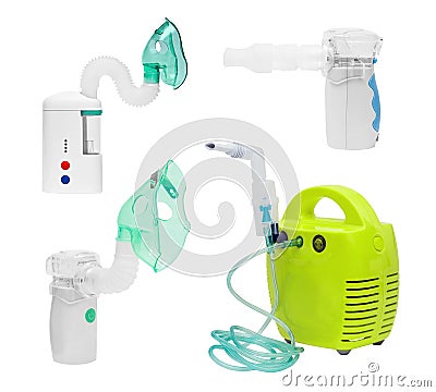Set of medical ultrasonic, compressor and mesh inhaler, nebulizer Stock Photo