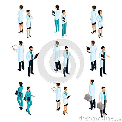 Set of medical workers in the isometric front and back, hospital staff, doctor, surgeon, nurse Vector Illustration