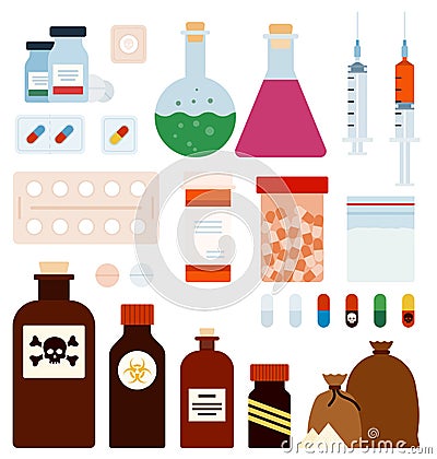 Set of Medicament Poison flat vector illustration. Vector Illustration