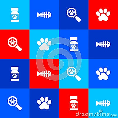 Set Medicine bottle and pills, Fish skeleton, Veterinary clinic and Paw print icon. Vector Vector Illustration