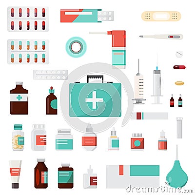 Set of medicine bottles, drugs and pills, pharmacy, drugstore Vector Illustration