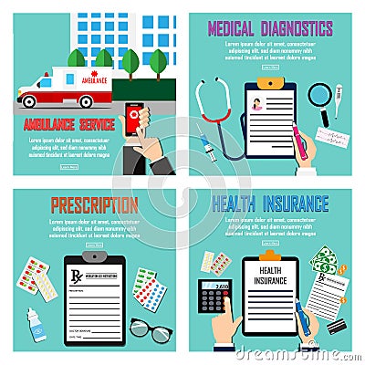 4 Set Medicine Health Care. call ambulance car via mobile phone, concept emergency call. Smartphone in hand with doctor and ambula Vector Illustration