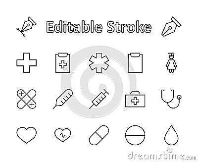 Set of medicine vector line icons. It contains the first aid kit, nurse, syringe, thermometer, plastic, pills, heart Vector Illustration