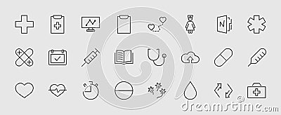 Set of medicine vector line icons. It contains the first aid kit, nurse, syringe, thermometer, plastic, pills, heart Vector Illustration