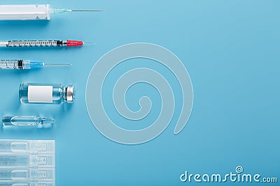 A set of medicines in ampoules and syringes for the treatment of viruses, vaccination and diseases Stock Photo