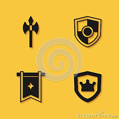 Set Medieval axe, Shield with crown, flag and icon with long shadow. Vector Vector Illustration