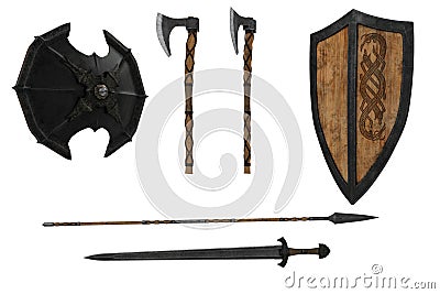 Set of medieval fantasy weapons with sword, axe, spear and shields, Isolated 3D illustration Stock Photo