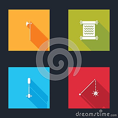 Set Medieval halberd, Decree, parchment, scroll, Torch flame and chained mace ball icon. Vector Vector Illustration