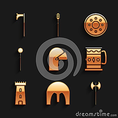 Set Medieval iron helmet, axe, Wooden mug, Castle tower, chained mace ball, Round wooden shield and icon. Vector Vector Illustration