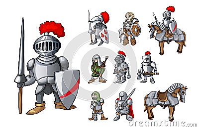 Set of medieval knight characters standing in different poses isolated on white Vector Illustration