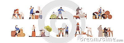 Set of medieval people working as blacksmith, potter, peasant, annalist, plague doctor, executioner. Scenes of daily Vector Illustration