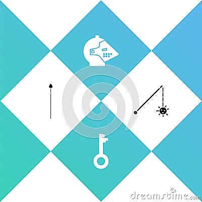 Set Medieval spear, Old key, iron helmet and chained mace ball icon. Vector Vector Illustration