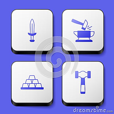 Set Medieval sword, Anvil and hammer, Gold bars and Hammer icon. White square button. Vector Vector Illustration