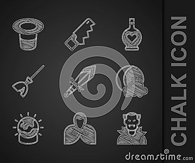 Set Medieval sword, Mantle, cloak, cape, Vampire, Moon and stars, Magic ball, Witches broom, Bottle with love potion and Vector Illustration